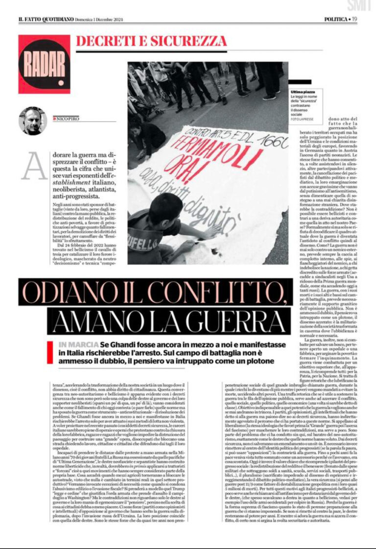 “Odiano il conflitto, amano la guerra”  sul Fatto Quotidiano